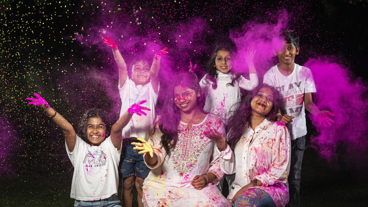 Expoding with colour are (from left) Aditi Chapagain, Advin Chapagain, Kritika Ghimire, Aarohi Mahida, Sanya George and Raynav Nair as the Toowoomba Indian and Nepalese communities combine to celebrate Holi, the festival of colours, Tuesday, March 19, 2024. Picture: Kevin Farmer