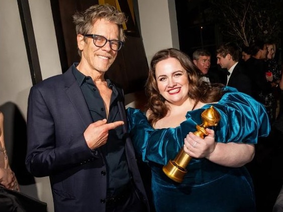 Jessica Gunning, who won a Globe for Baby Reindeer, parties with Kevin Bacon at the Chateau Marmont. Picture: Getty Images