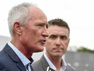 One Nation party officials Steve Dickson (left) and James Ashby field questions during a press conference in Brisbane, Tuesday, March 26, 2019. The pair have been caught in an al-Jazeera investigation which used hidden cameras and a journalist posing as a grassroots gun campaigner to expose the far-right partys extraordinary efforts to secure funding in Washington DC in September. Picture: DAVE HUNT