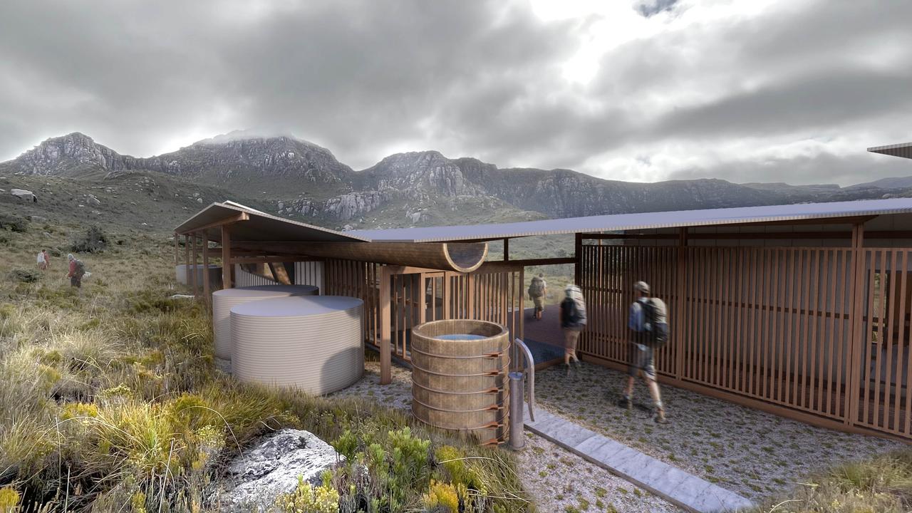 Artist’s impression of Lake Mary Hut on the proposed Next Iconic Walk near the Tyndall Range. Picture: Supplied/JAWS Architects