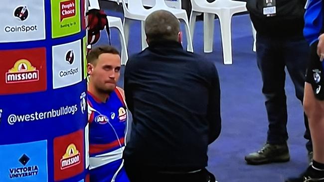 Hayden Crozier was in the hands of paramedics in the Bulldogs rooms.