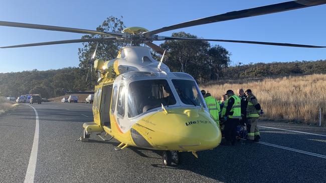 A man in his 40s was airlifted to Brisbane after being trapped for almost an hour in his car when it collided, head on, with another car on the Cunningham Highway. Thursday, August 18, 2024 Picture: LifeFlight