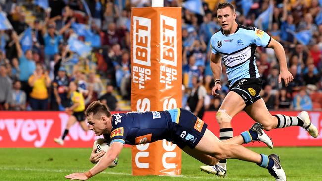 AJ Brimson scores a try against the Sharks. Picture: Getty Images