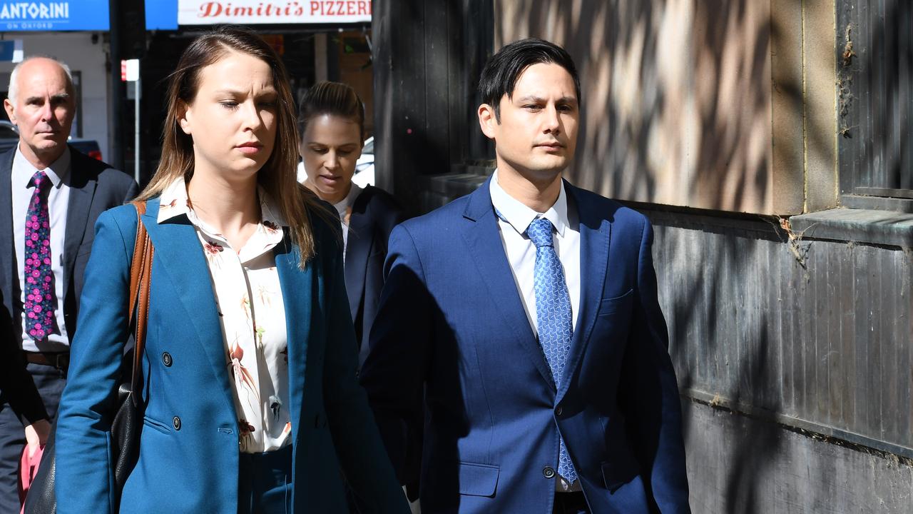 Hannah Quinn and Blake Davis arrive at Darlinghurst Local Court on Tuesday for their trial over the samurai sword death of rapper Jett McKee in 2018.