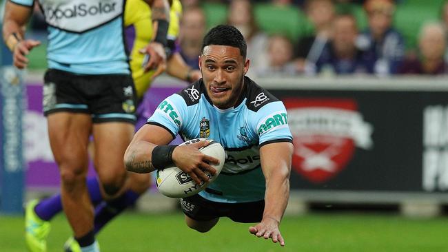 Valentine Holmes scores a try for the Sharks. Picture: Getty Images