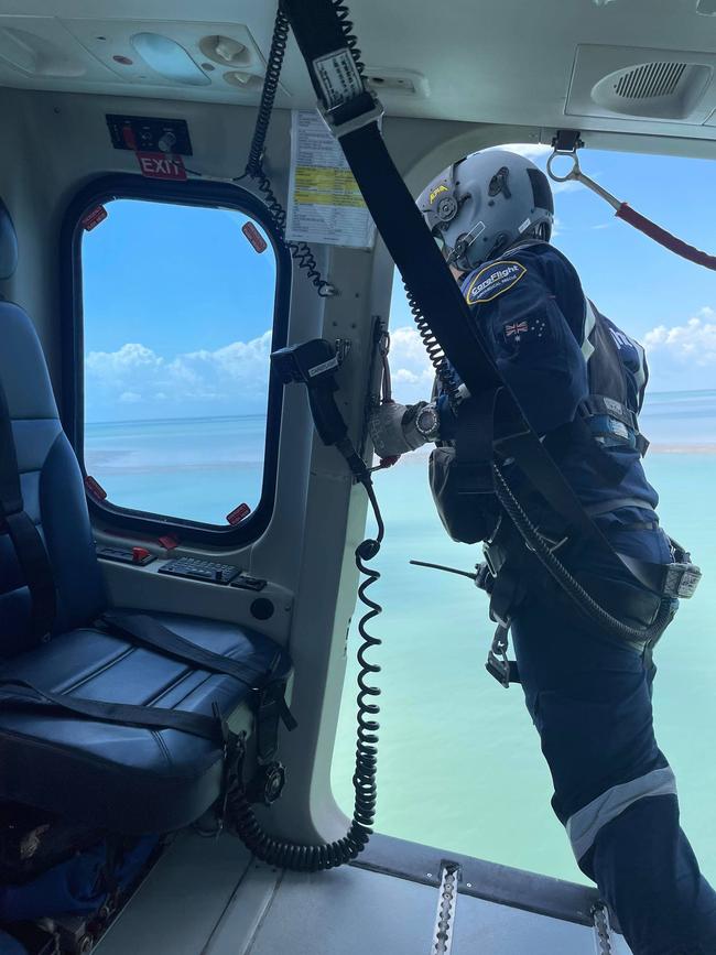 A CareFlight crew rescued four people who were forced to tread water for hours after their catamaran’s dingy capsized near Bare Sand Island on Sunday night. Picture: CareFlight