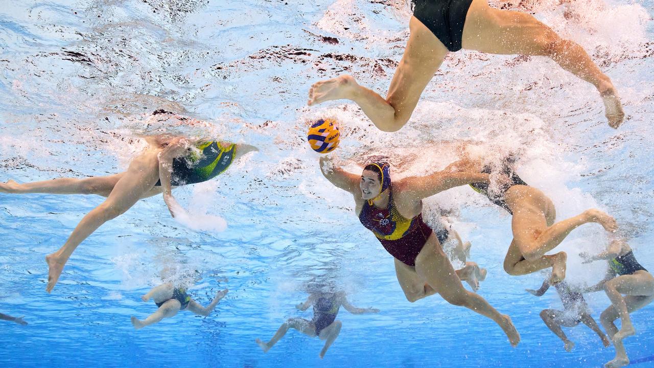 An underwater camera captures Paula Leiton of Team Spain gathering the ball. Picture: Adam Pretty/Getty Images