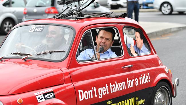 The-then SA Best Leader Nick Xenophon campaigning outside Newton Shopping Centre in 2018. Picture: AAP / David Mariuz