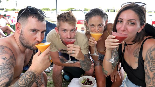 At White Sands on the Murray River near Murray Bridge, a group of friends, including Adam and Dayna Stunell (front) and Sam and Ariel Thesinger, (all from Virginia), celebrated the new year with cocktails.. Picture: Dean Martin