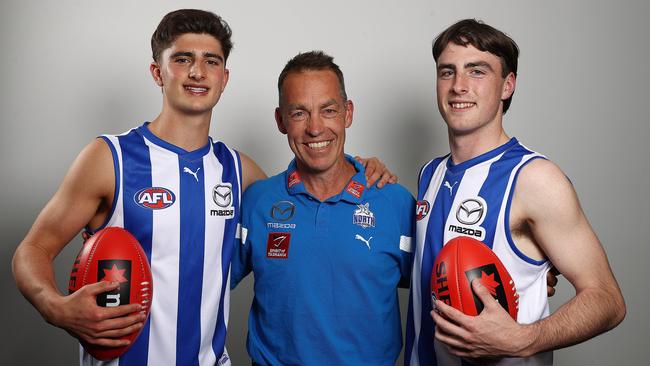 North Melbourne draft picks Harry Sheezel and George Wardlaw with senior coach Alastair Clarkson. Picture by Michael Klein