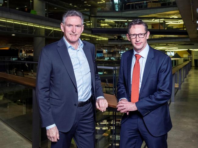 NAB CEO Ross McEwan and Minister Stephen Jones following their meeting with the NAB scams and fraud team at NAB’s 700 Bourke Street Melbourne offices. Picture - Supplied Picture:  Jesse Marlow