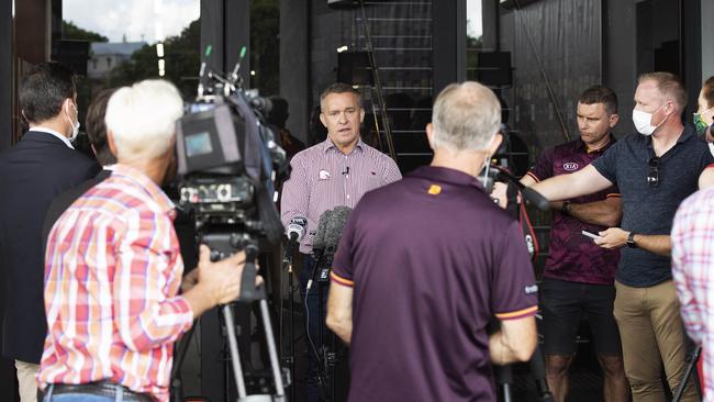 Brisbane Broncos CEO Paul White speaks to the media after Payne Haas’ arrest. Picture: News Corp/Attila Csaszar