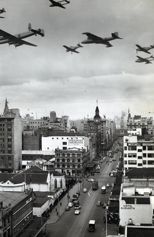 Made in Australia Week was launched when RAAF pilots flew these seven Australian-made planes over Elizabeth Street in the city in 1954. Picture: HWT Library.