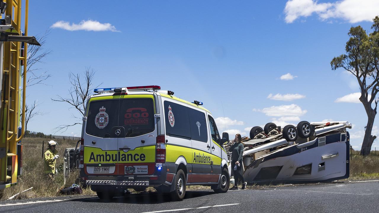 CRASH – 4WD and Caravan rollover on the New England Highway, 2kms south of Browns Road on the outskirts of Stanthorpe. Picture: NIGEL HALLETT