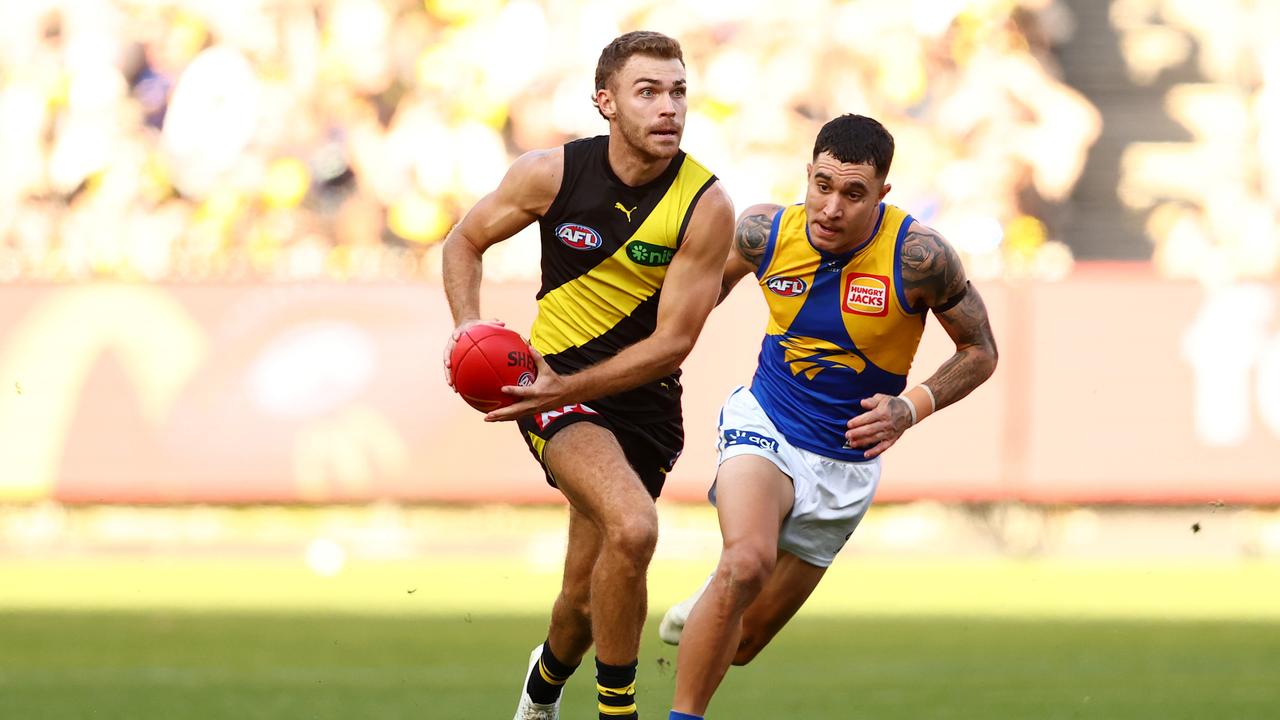 The Tigers held on in a blistering finish. (Photo by Morgan Hancock/AFL Photos/via Getty Images)