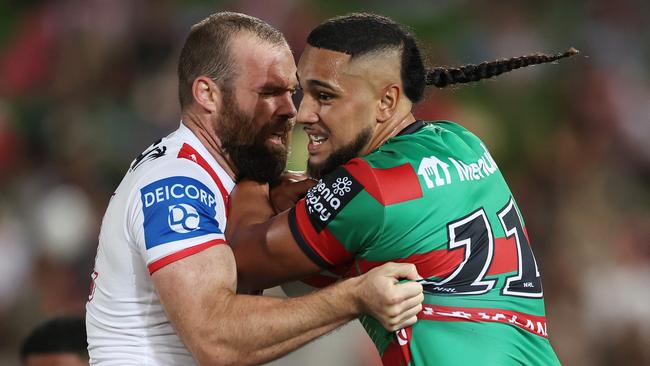 SYDNEY, AUSTRALIA - FEBRUARY 17:  Keaon Koloamatangi of the Rabbitohs is tackled during the NRL Pre-Season Challenge round one match between St George Illawarra Dragons and South Sydney Rabbitohs at Netstrata Jubilee Stadium on February 17, 2024 in Sydney, Australia. (Photo by Matt King/Getty Images)