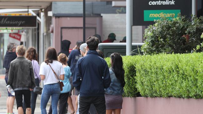 The Centrelink queues at the Pittwater Rd Brookvale office in Sydney during the Covid pandemic. Picture: John Grainger