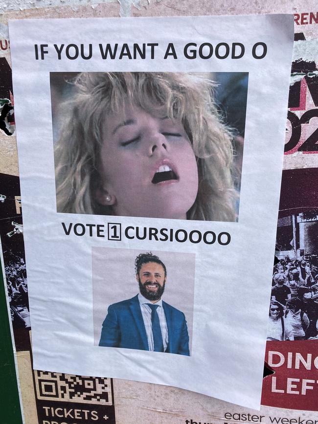 The eye-catching poster featuring western metro Liberal Democrat candidate Anthony Cursio.