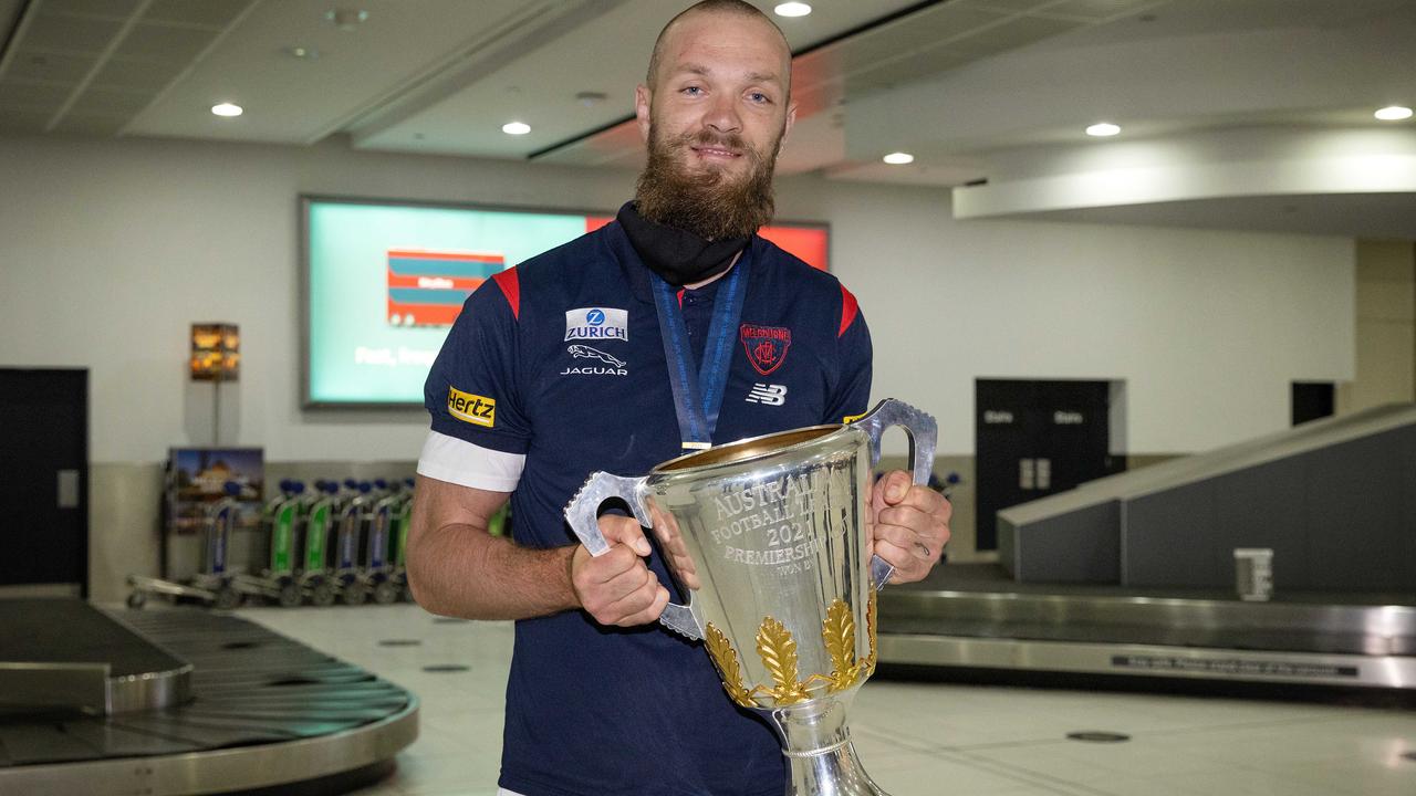 Melbourne captain Max Gawn with the premiership cup at Melbourne Airport. Picture: Mark Stewart