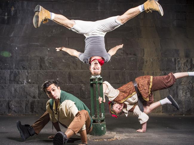 Head First Acrobats. Head First Acrobats Cal Harris (centre), Thomas Gotham (right) and Rowan Thomas (left) will be taking their show "Arrr We There Yet?!" to the Melbourne International Comedy Festival.Picture: Eugene Hyland