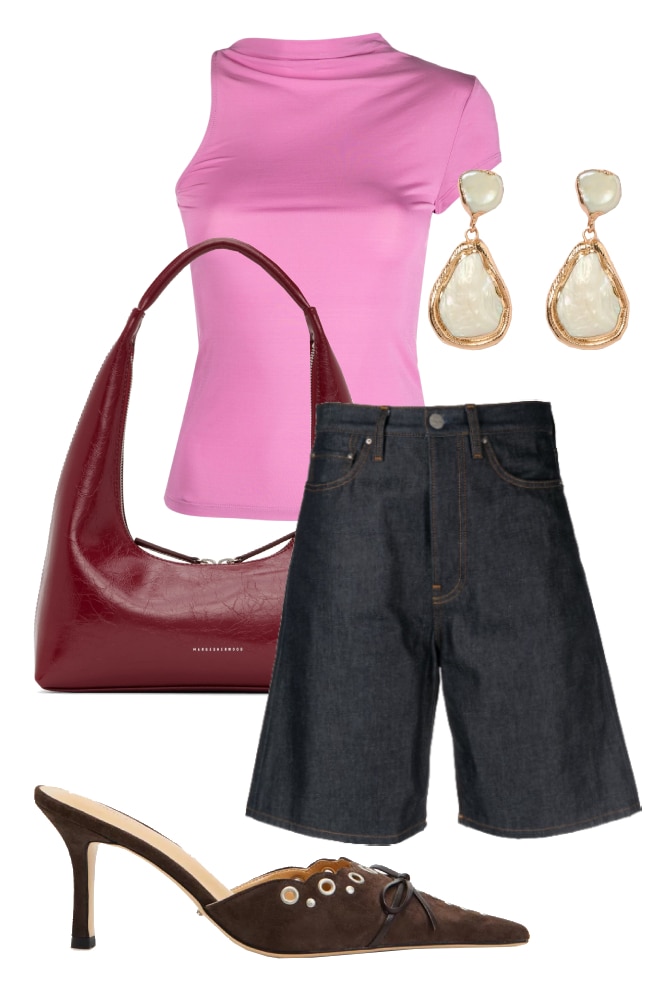 <h3><b>For a dinner date</b></h3><p>Set a sugary pink top in contrast with dark-wash jorts for a night out, and add some glamour in the form of kitten heels and pearlescent earrings. Because the jorts signal effortlessness, it&rsquo;s worth wearing pieces that indicate a more effortful approach. The result is an outfit that says, &ldquo;I tried, but not too hard&rdquo;.</p><p><b>SHOP NOW: </b>Toteme knee-length denim shorts, $470 from <a href="https://www.farfetch.com/au/shopping/women/toteme-knee-length-denim-shorts-item-20195772.aspx" rel="nofollow noopener" target="_blank"><b>Farfetch</b></a></p><p><b>SHOP NOW: </b>Paloma Wool asymmetric short-sleeved top, $242 from <a href="https://www.farfetch.com/au/shopping/women/paloma-wool-asymmetric-short-sleeved-top-item-19979987.aspx?storeid=12832" rel="nofollow noopener" target="_blank"><b>Farfetch</b></a></p><p><b>SHOP NOW: </b>Tony Bianco Shae heels, $199.95 from <a href="https://www.theiconic.com.au/shae-1869212.html" rel="nofollow noopener" target="_blank"><b>The Iconic</b></a></p><p><b>SHOP NOW: </b>Marge Sherwood red crinkled shoulder bag, $605 from <a href="https://www.ssense.com/en-au/women/product/marge-sherwood/red-crinkled-shoulder-bag/14437761" rel="nofollow noopener" target="_blank"><b>Ssense</b></a></p><p><b>SHOP NOW: </b>Miz Casa and Co Olivia earring, $59 from <a href="https://www.theiconic.com.au/olivia-earring-1641841.html" rel="nofollow noopener" target="_blank"><b>The Iconic</b></a></p>