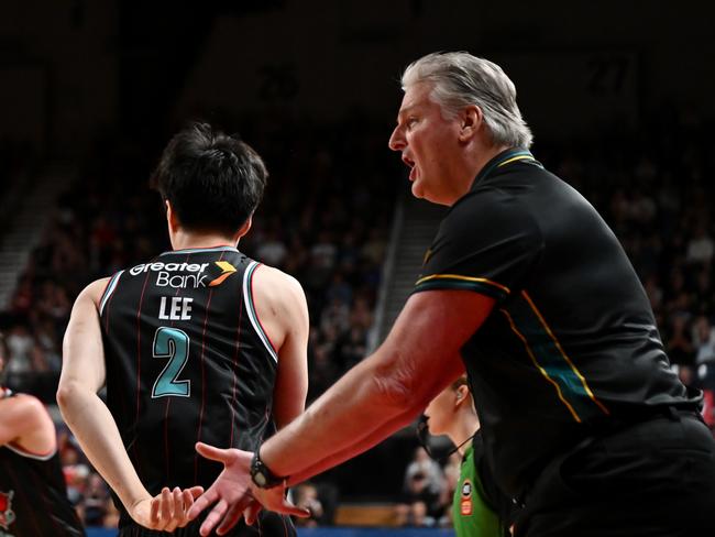 WOLLONGONG, AUSTRALIA - JANUARY 07: Scott Roth (R) coach of Jackjumpers reacts during the round 15 NBL match between Illawarra Hawks and Tasmania Jackjumpers at WIN Entertainment Centre, on January 07, 2025, in Wollongong, Australia. (Photo by Izhar Khan/Getty Images)