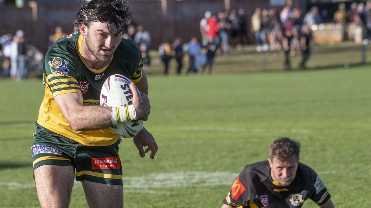 Matthew Christensen scores a try for Wattles. Wattles vs Gatton. TRL Hutchinson Builders A Grade final. Sunday, September 18, 2022. Picture: Nev Madsen.