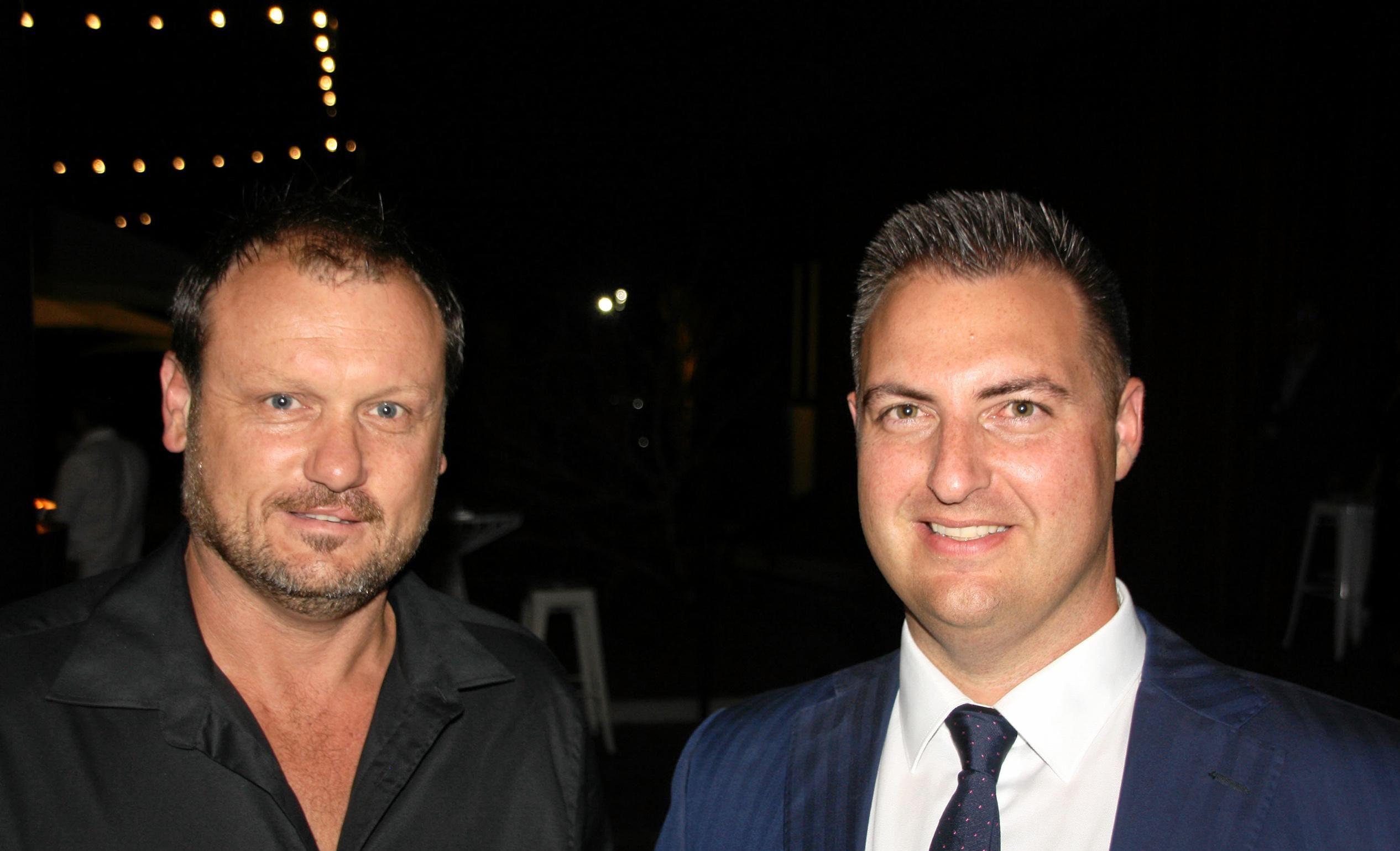 Werner Reiterer of Murphy Homes with AVID's Anthony Demiris at AVID Property Group's launch of its new sales and information centre in Palmview's master-planned community of Harmony. Picture: Erle Levey