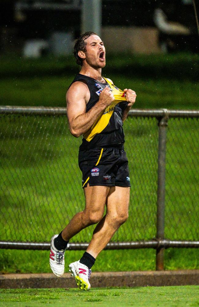 Brodie Filo celebrates a goal for the Nightcliff Tigers in the 2024-25 NTFL qualifying final against the Tiwi Bombers. Picture: Patch Clapp / AFLNT Media