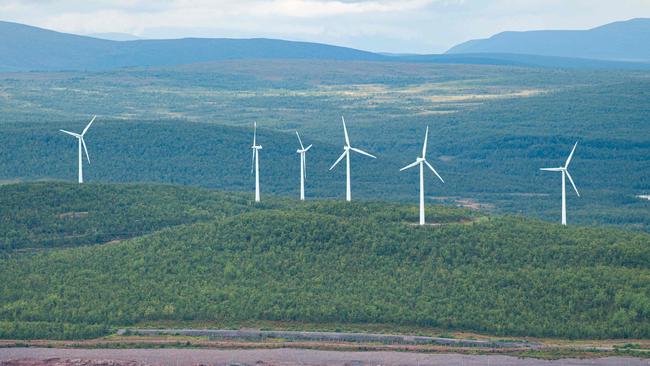 Wind turbines are pictured on the outskirts of Kiruna, in Norrbotten County, Sweden.