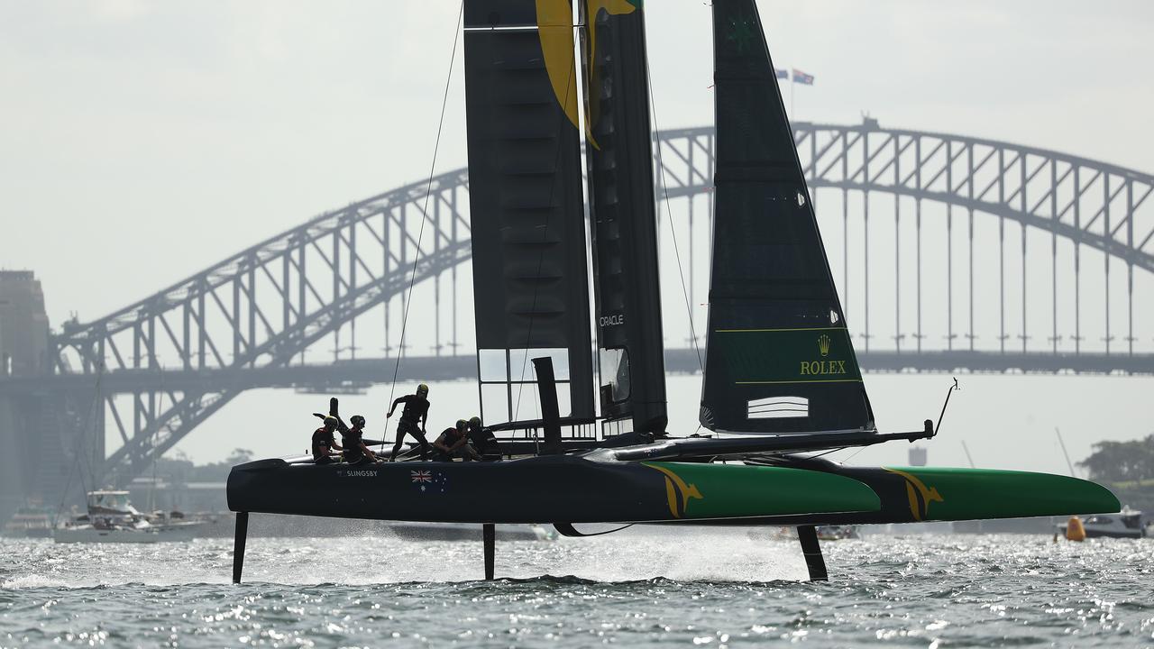 Australia SailGP Team in action during SailGP Race Day 1 on Sydney Harbour. Picture: Brett Costello