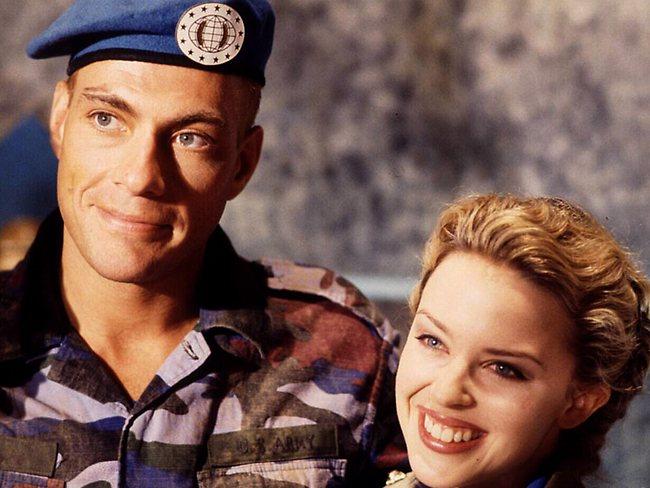 Jean-Claude Van Damme and Minogue on the set of the 1994 film 'Street Fighter'. Picture: Supplied