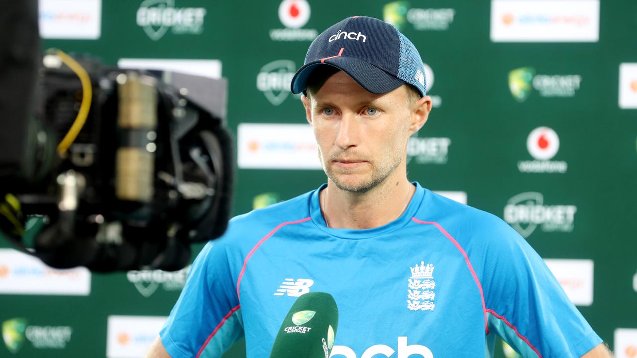 Joe Root speaking to media after England’s loss in Adelaide. Photo by Sarah Reed – CA/Cricket Australia via Getty Images