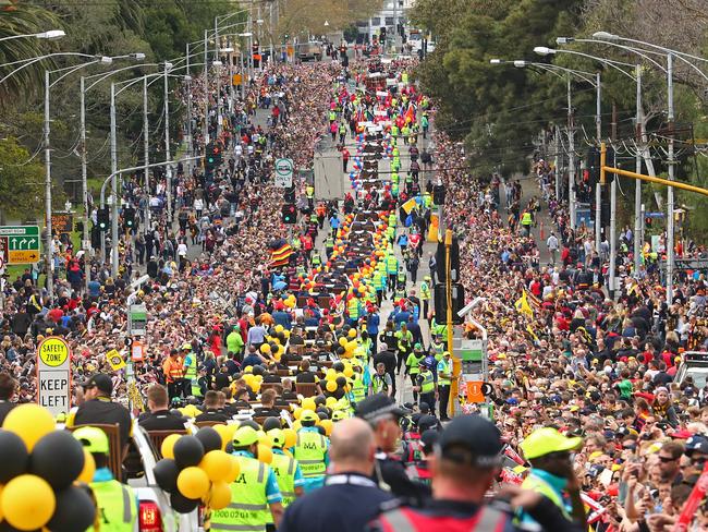 Tigers and Crows fans show their support during the 2017 AFL Grand Final Parade. Picture: Getty Images