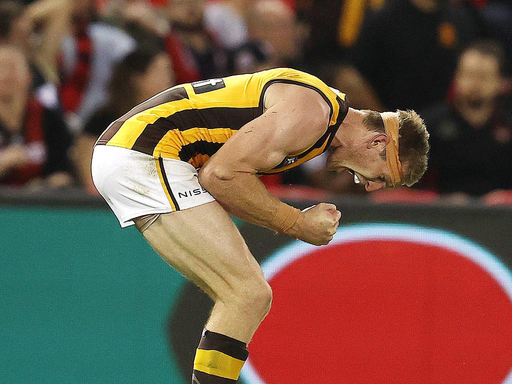 Hawks skipper Ben McEvoy celebrates on the final siren.