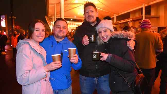 Helen Quint, Kenny Houghton, Scott Dolby and Laura Cox at the Whisky, Wine and Fire Festival 2024 at the Caulfield Racecourse. Picture: Jack Colantuono