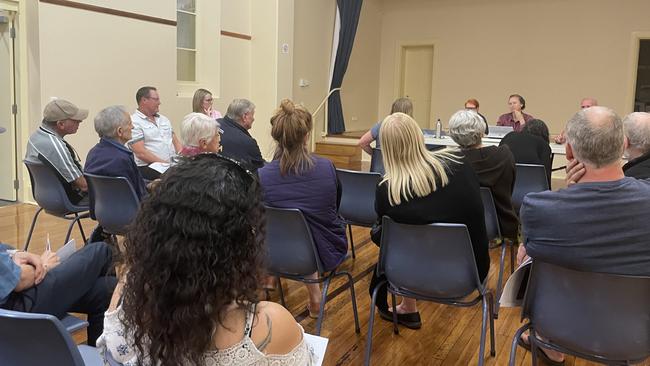 Residents gather at the Old Noarlunga institute hall to oppose The Gunnery’s plans to build a long-range rifle range in the area. Picture: Kaysee Miller