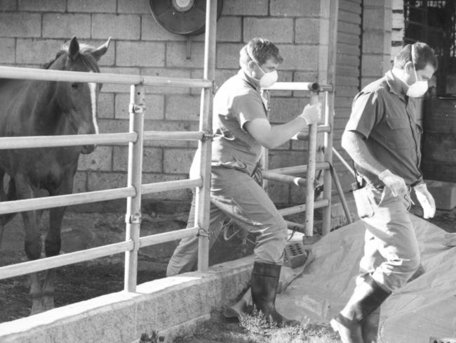 A search of horse trainer Vic Rail’s stables in Hendra, Brisbane, in September 1994