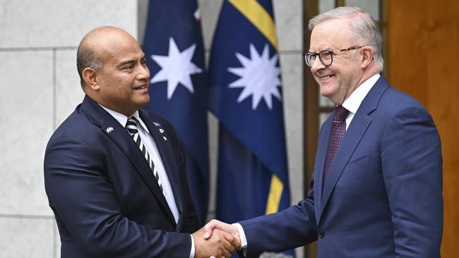 Anthony Albanese with Nauru’s President David Adeang to mark the signing of a new bilateral security treaty. Picture: Martin Ollman/NewsWire