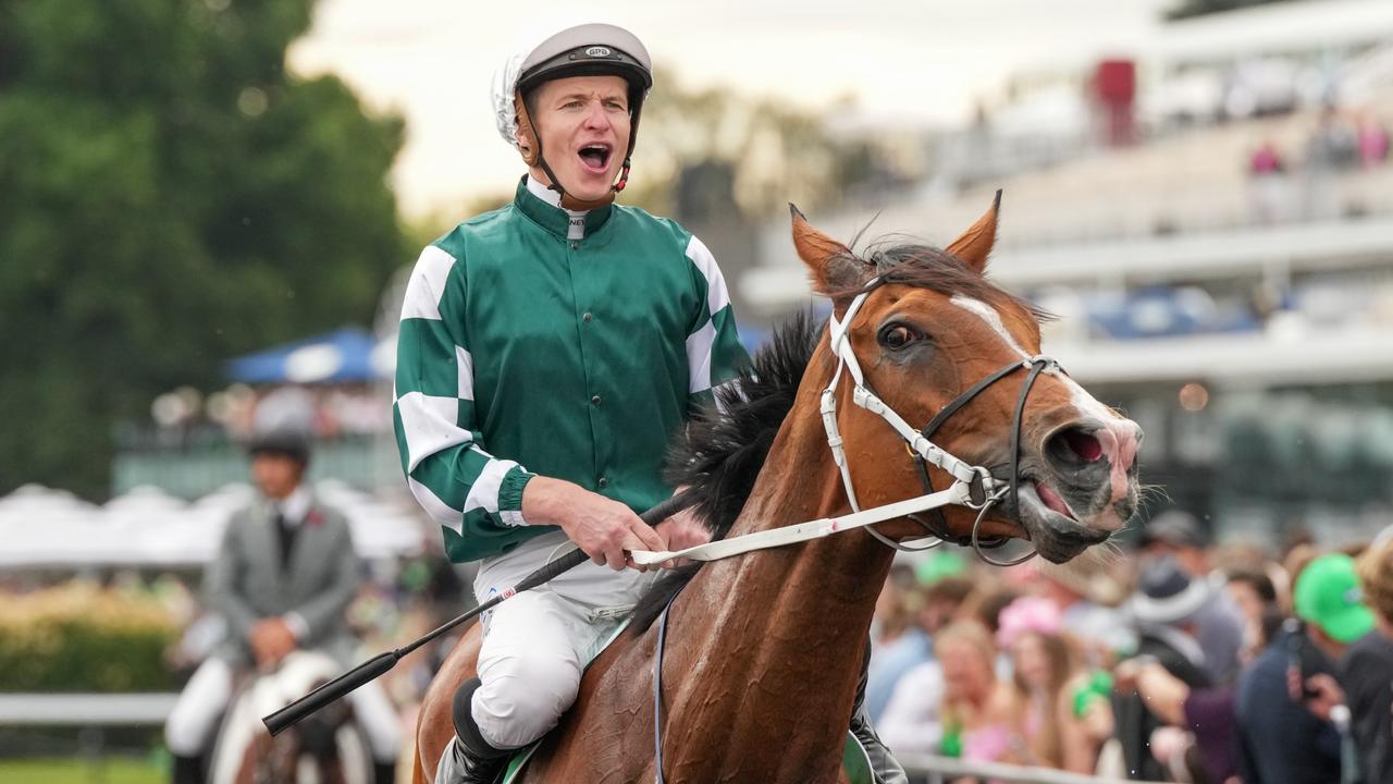 McDonald celebrates as he returns to the mounting yard. Picture: George Sal/Racing Photos via Getty Images