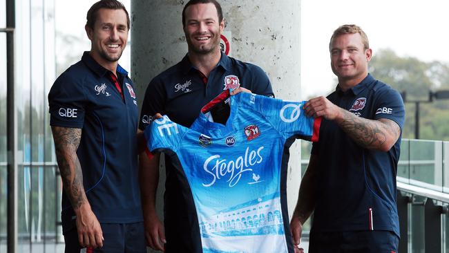 ( l to r ) Mitchell Pierce, Boyd Cordner and Jake Friend at the Sydney Roosters media call to announce a new sponsor magic Glass logo on their jersey.