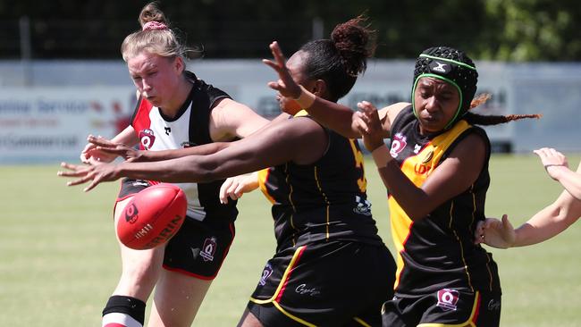 Saints' Tess Dahlenberg gets a kick away in the AFL Cairns Women's match between the North Cairns Tigers and the Cairns Saints, held at Watson's Oval, Manunda. PICTURE: BRENDAN RADKE.