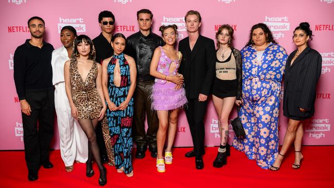 Heartbreak High cast members Thomas Weatherall, Chika Ikogwe, Gemma Chua-Tran, James Majoos, Sherry-Lee Watson, Will McDonald, Chloe Hayden, Bryn Chapman Parish, Asher Yasbincek, Kartanya Maynard and Ayesha Madon. Picture: Getty Images.