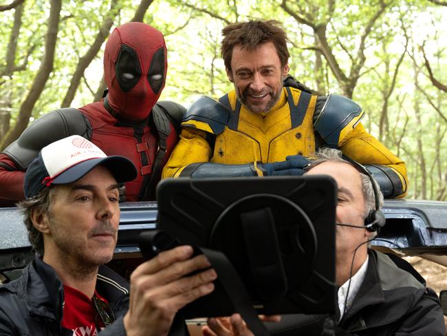 Director Shawn Levy, Ryan Reynolds, and Hugh Jackman on the set of Deadpool and Wolverine. Picture: 20th Century Studios