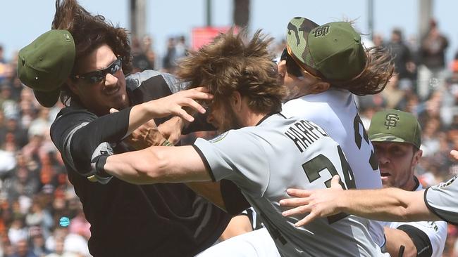 The brawls after Bryce Harper charged the mound from being hit by a pitch from Hunter Strickland.