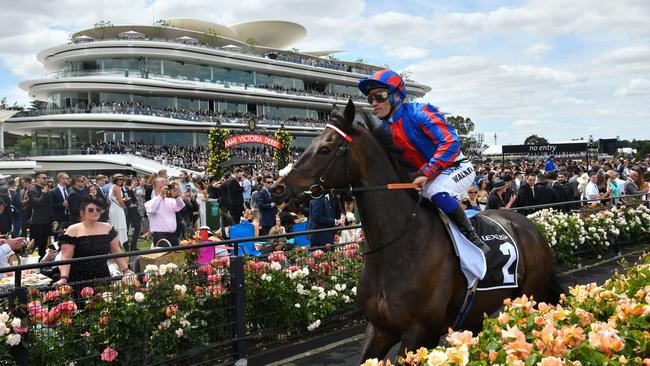 Michael Walker riding A Prince of Arran before winning the Lexus Stakes during Derby Day at Flemington. Picture: AAP