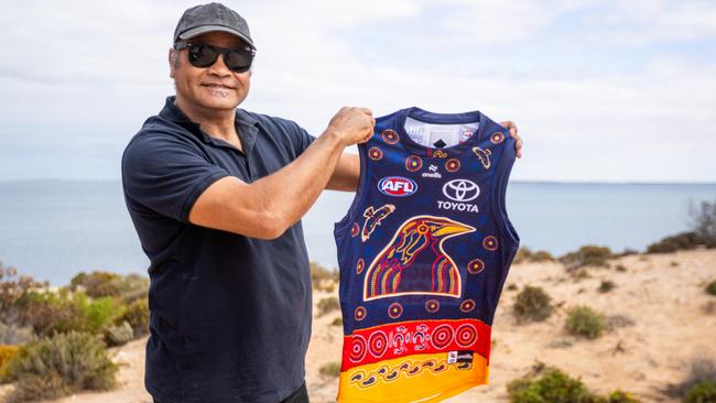 Kuwarna (Adelaide Crows) is proud to unveil its 2025 First Nations guernsey designed by former player and Wirangu man Graham Johncock and Wirangu artist Aunty Christine Tschuna. Picture: Supplied