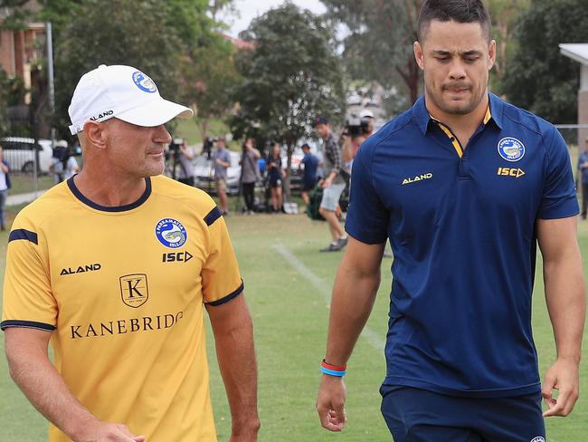 SYDNEY, AUSTRALIA - JANUARY 03:  Jarryd Hayne  and Coach Brad Arthur (L) after a press conference after  Parramatta Eels training at Old Saleyards Reserve on January 3, 2018 in Sydney, Australia.  (Photo by Mark Evans/Getty Images)