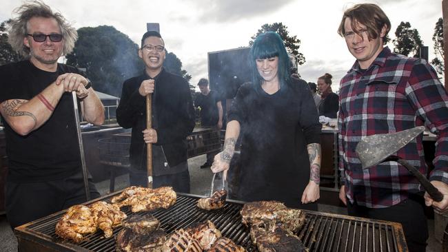 Mona's Vince Trim, left, with Dark Mofo guest chefs Victor Liong, Shannon Martinez and Christopher Hogarth.. Picture: SUPPLIED