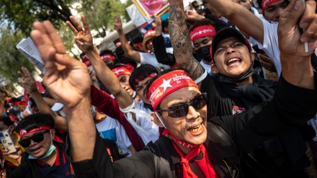 Activists shout while giving a three-finger salute at the anti Myanmar Junta demonstration in front of the United Nations building on Wednesday in Bangkok, Thailand. Picture: Sirachai Arunrugstichai/Getty Images